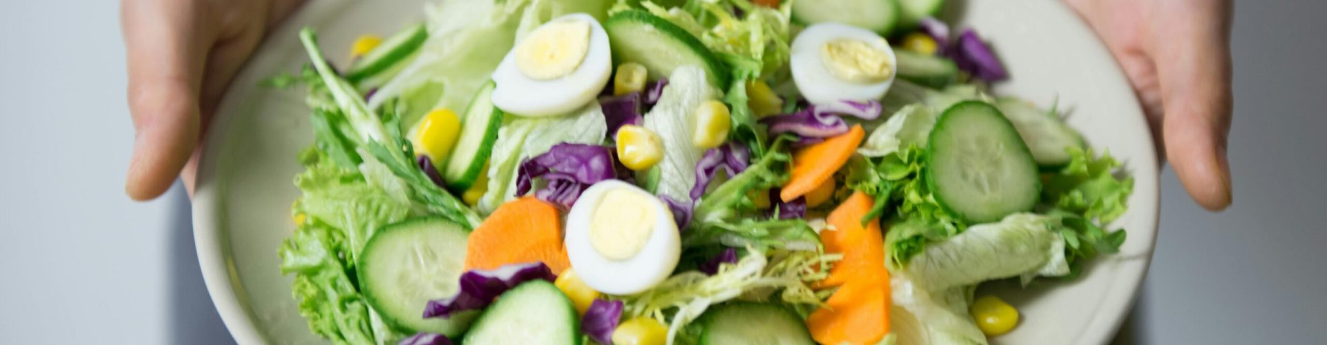 Freshly prepared salad with cucumber, lettuce, carrots, and egg slices presented on a plate.